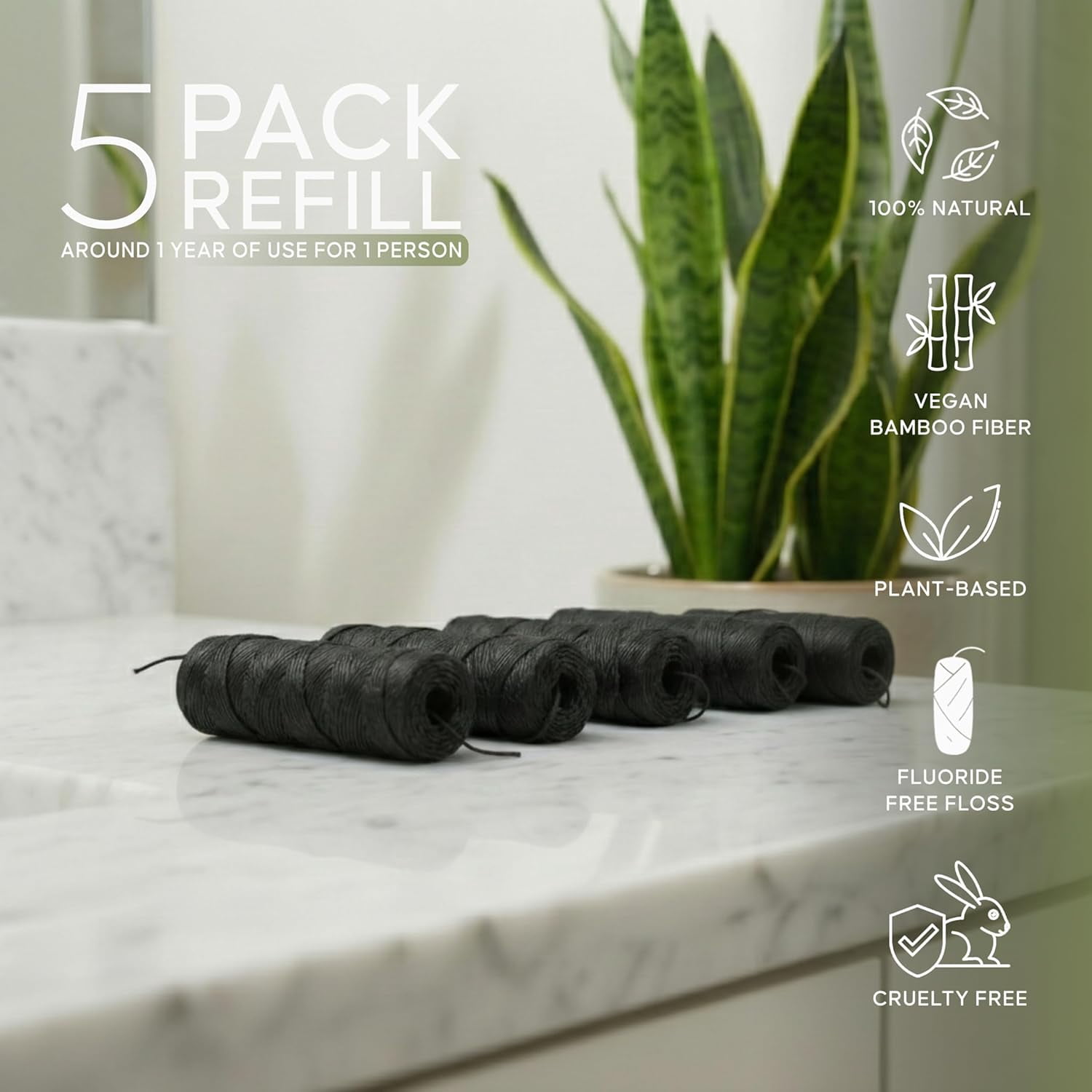 Natural Bamboo Charcoal Dental Floss Refills | Vegan, Eco-Friendly, Biodegradable, Candelilla Wax, PFAS & Plastic Free, Non-Toxic, Peppermint Essential Oil | Zero-Waste | Oral Care Set – 5x30M Spools