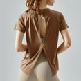 thumbnail image 5 of JGGSPWM Womens Athletic Yoga Running Short Sleeve Tops Loose Fit Crew Neck Hollow Back Gym Plain T Shirts Brown XL, 5 of 6