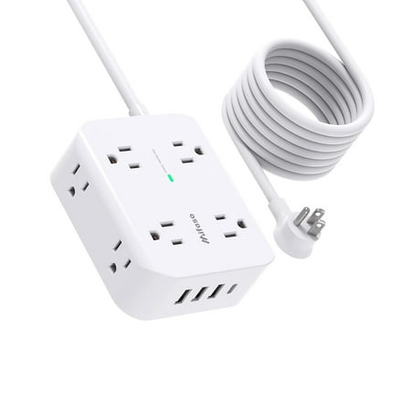 10ft Cord 4 USB Ports (1 USB C) Surge Protector Power Strip -8 Wide Outlets Flat plug, Wall Mount Heavy Duty Extension Cord, Charging Station Overload Protection for Home, Office and Dorm