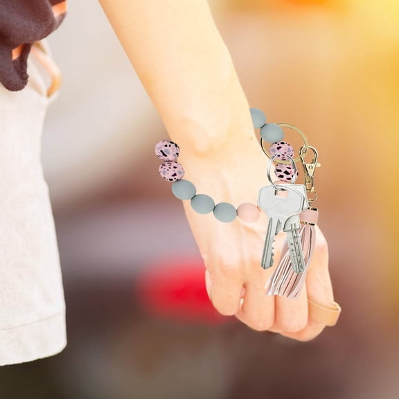 Keychain Bracelet Silicone Key Ring Wristlet with Leather Tassel Wrist Key Ring Bangle Silicone Bead Keyring For Women Girls