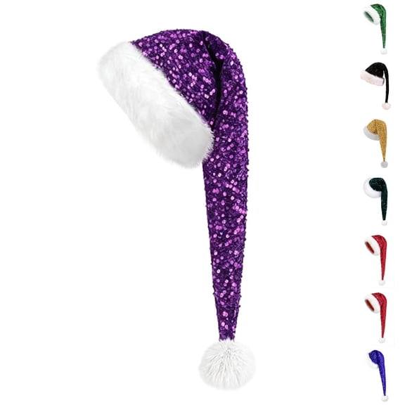 Lumtrix Santa Hat For Adults, Long Sequin Christmas Hats For Women Or Men Xmas Holiday Hat For Santa Costume Supplies Purple One size