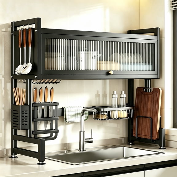 CATGOOD Over the Sink Dish Rack with Cabinet Doors , 31.5" L x 11.8" W x 33.5" H 2 Tier Stainless Steel Large Dish Drying Rack for Kitchen Counter, Black