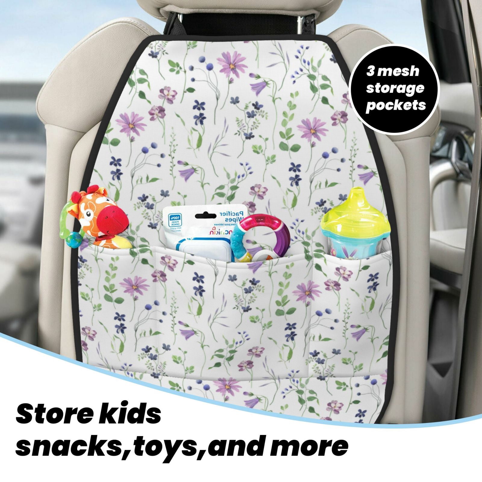 Kdxio Watercolor Wildflower Print 2 Pack Car Kick Mat Seat Cover Back Protector Mat with Pockets for Organizer Backseat Protector and Storage Anti Kick Pad for Vehicles