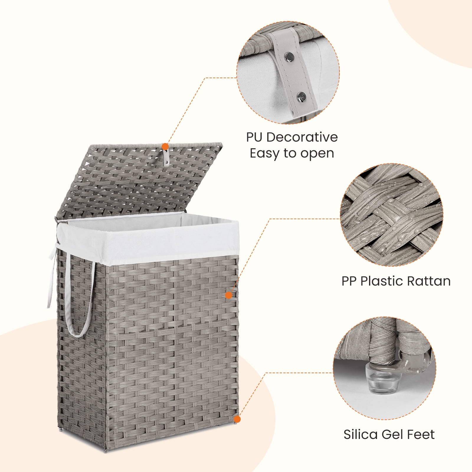 JOINSUN 90 Liter Laundry Basket, Wicker Laundry Hamper with Lid and Handle, Collapsible, Removable Liner Pocket, Machine Washable, Gray