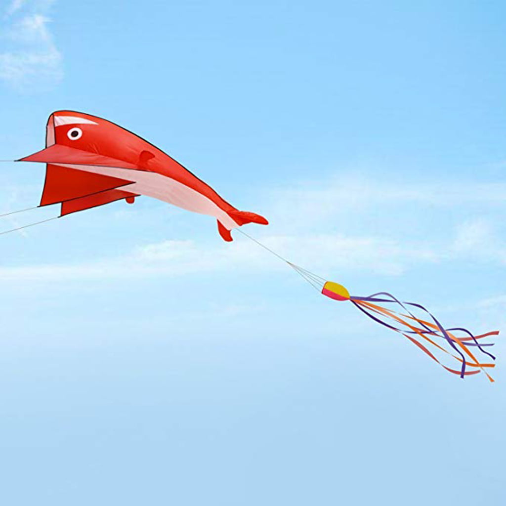 Large Orange Dolphin Easy Flyer Kite with 79 inch Long Tail for Kids Adults 
