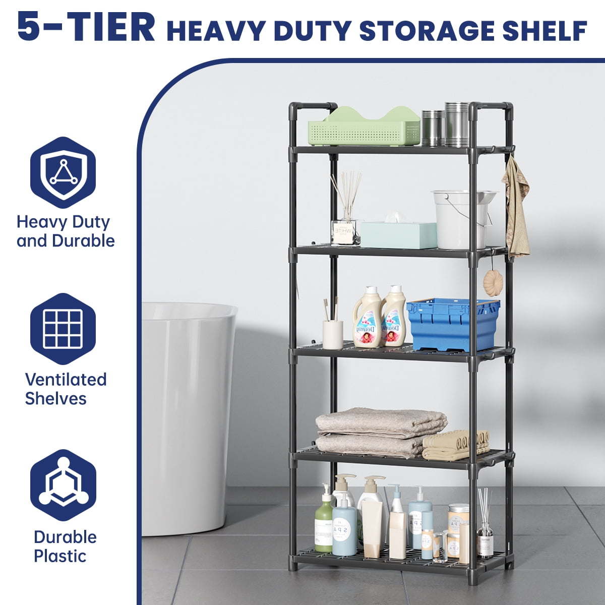 GPED 5-Tier Plastic Storage Shelves, 57" Garage Rack Storage Organizer, Multipurpose Shelf for Home, Basement, Utility Room, 10.6"D x 20"W x 57"H, Black