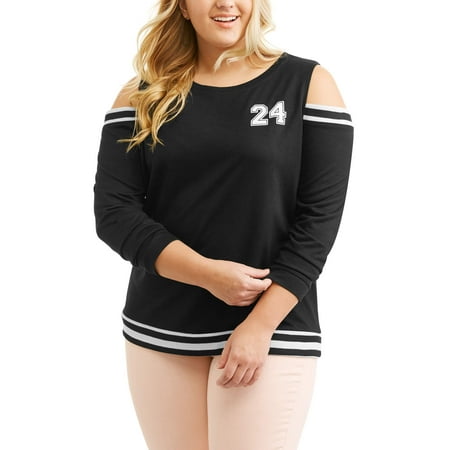 Juniors' Plus Cold Shoulder Sweatshirt With Varsity Stripes