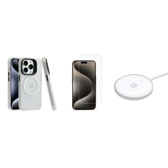 Bemz Phone Case for iPhone 15 Pro Max with Shockproof Protective Wireless Charging Ring Cover, Tempered Glass Screen Protector, 15W Wireless Charging Pad Magnetic Charger (Clear White)