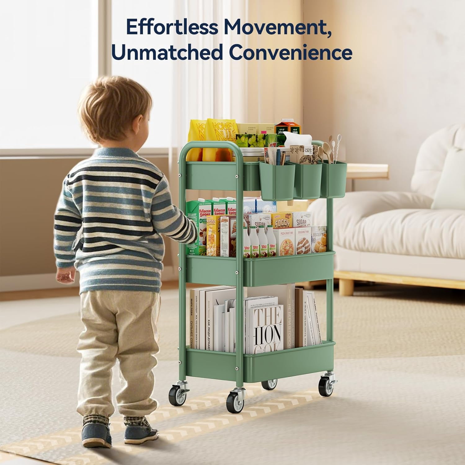 3-Tier Rolling Utility Cart with Wheels, Hanging Cups, Hooks, Heavy Duty Mesh Storage Organizer for Kitchen and Office, Lightweight Sturdy Craft Cart