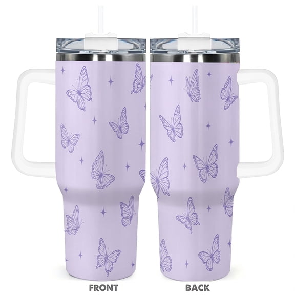 40oz Purple Butterfly Travel Tumbler with Handle and Straw Lid Insulated Car Cup for Iced Coffee Water and Gifts