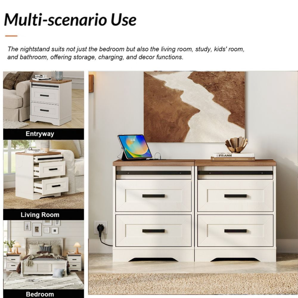 WAMPAT Farmhouse TV Stand with Charging Station and USB Ports for TVs up to 110" TVs,3 in 1 Wood Entertainment Center with 10 Drawers and Adjustable Shelves for Living Room,Cream White