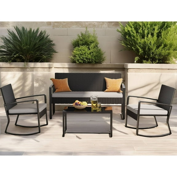 Patio Furniture Set for 4 with Outdoor Rocking Chairs,Rattan Loveseat,Glass Bistro Coffee Table,Removable Cushion for Backyard,Gray