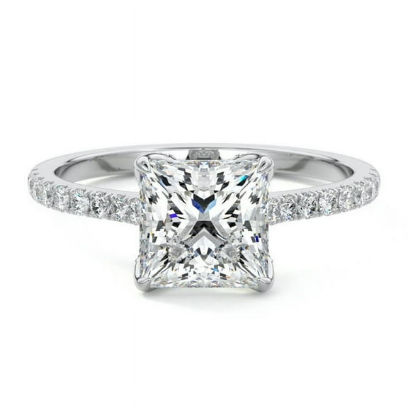 Golden Jewelry Princess Cut 1.5 Ct Moissanite Engagement Ring for Women's - 14K White Gold Plated Moissanite Ring - Anniversary Ring - Solitaire with Accents Wedding Women's Ring - Moissanite Jewelry