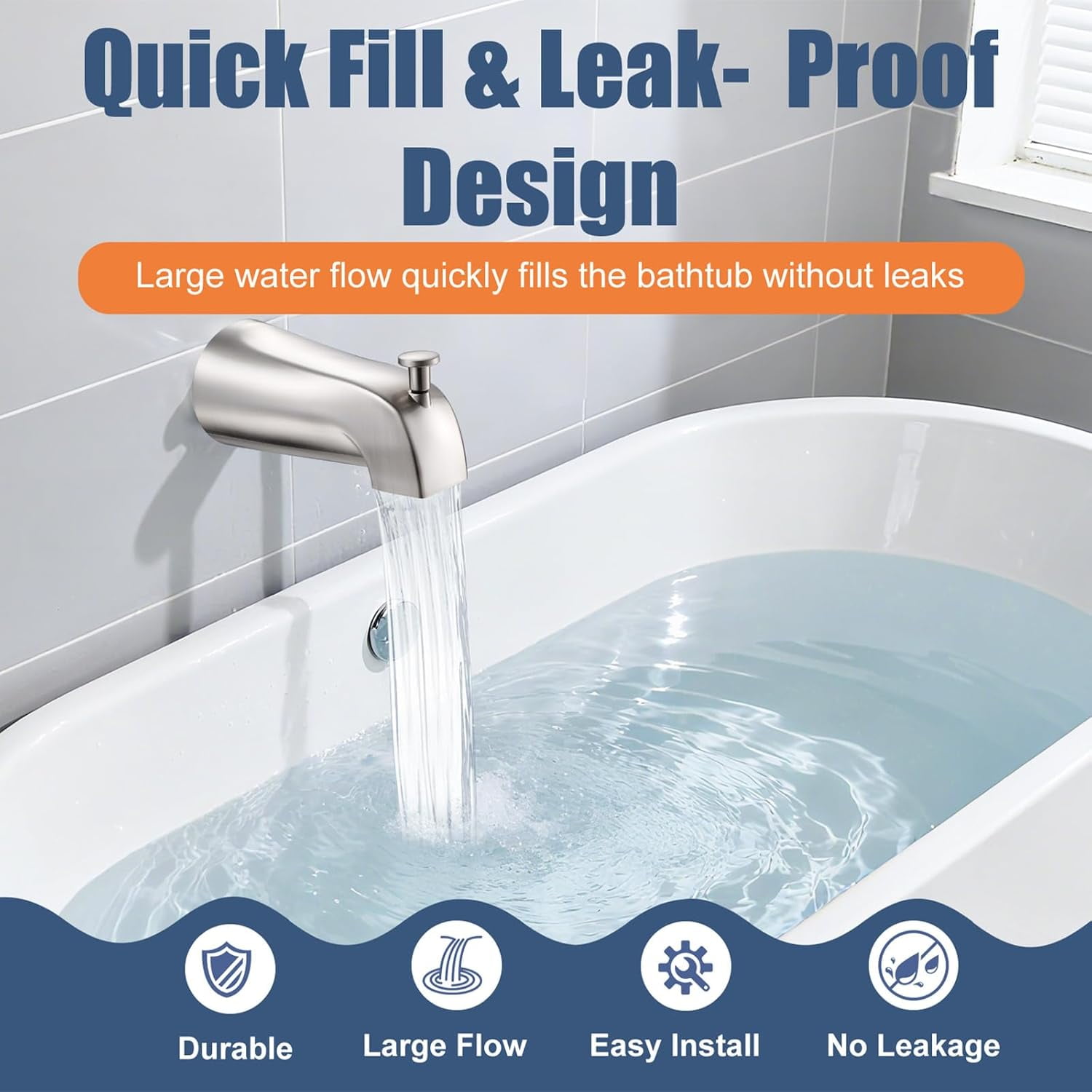 Universal Bathtub Tub Spout with Diverter, Fits 1/2" Slip-Fit Copper Pipe Connection, Pull Down Bathtub Faucet Spout Replacement, Easy Installation (Brushed Nickel)