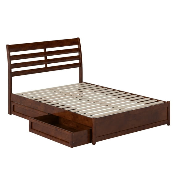 Emelie Full Wood Platform Bed with Panel Footboard and Storage Drawers in Walnut