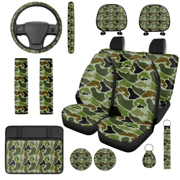 HUIACONG Camouflage Pattern Car Seat Cover Set, with Automotive Cup Coaster Key Holder, Compatible with Trucks Vehicles