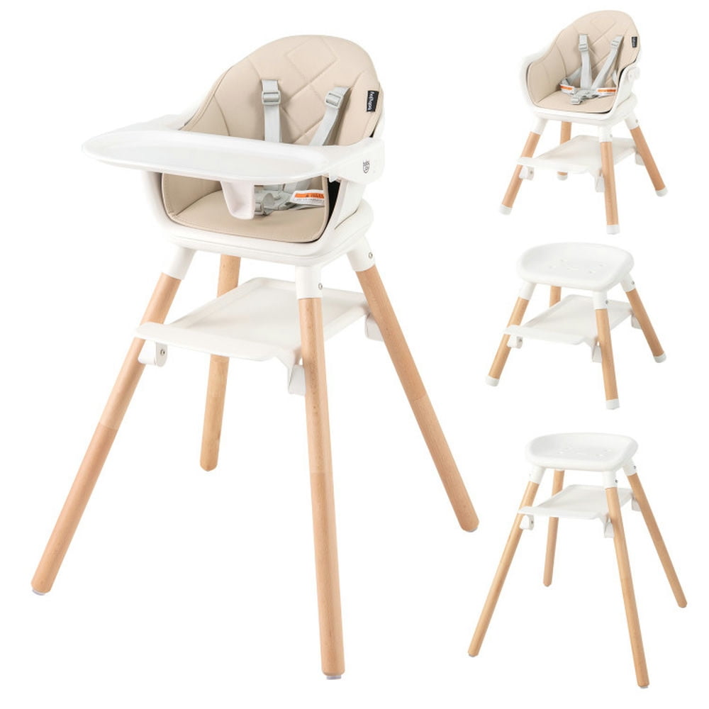 GVN Baby High Chair,Baby Feeding Chair,6 in 1 Convertible Highchair with Safety Harness and Removable Tray-Beige