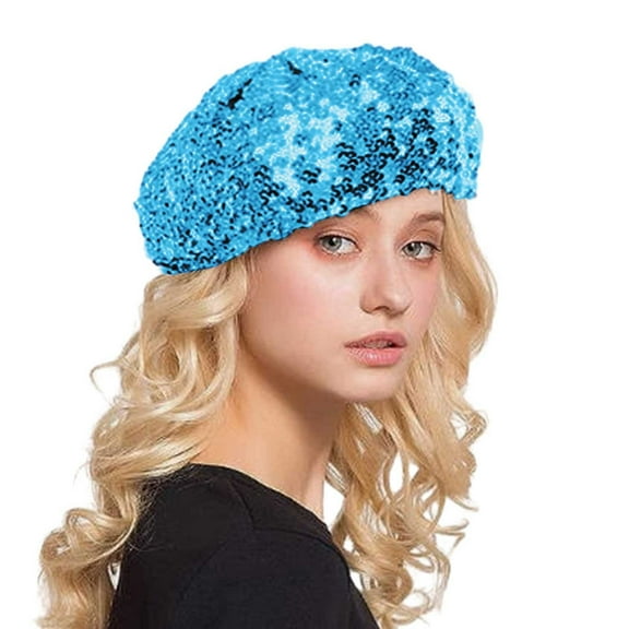 Riforla Women Fashion Sparkling Sequins Beret Colorful Cap Nightclub Dress Hat Berets Hat for Women Sky Blue