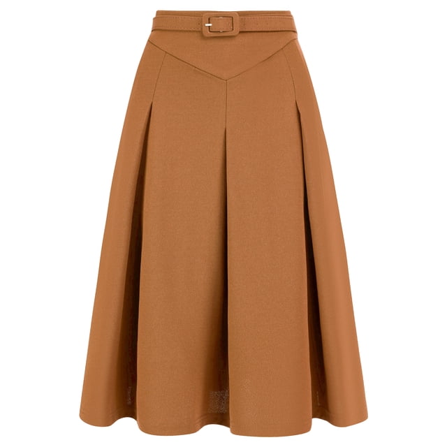 FALDA MIDI A-LINE PLEATADA CON CINTURÓN PARA MUJERES DE OFICINA INSPIRE CHIC S COLOR MARRÓN