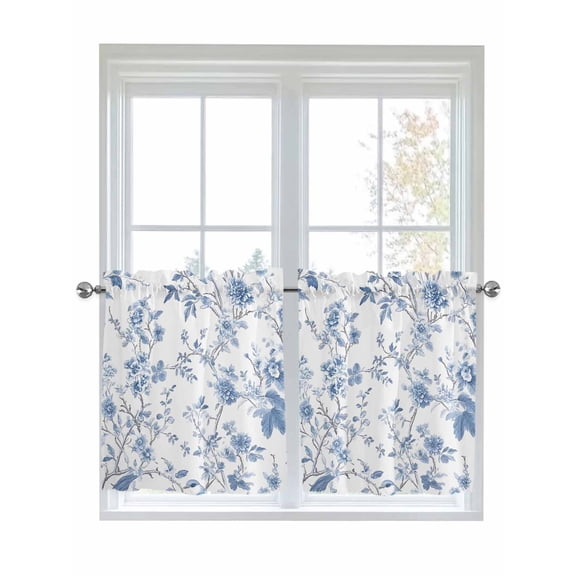Half Window Curtains 24 Inches Long, Blue White Spring Floral Window Treatment Curtain Drapes, Summer Botanical Birds Short Curtains Tiers for Kitchen Over Sink, 27.5"x24", 2 Panels
