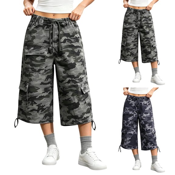 Arlun Women Summer Print Cargo Pants Drawstring Mid Waist Wide Leg Capri Pants Y2k Casual Baggy Retro Print Camo Cropped Trousers with Pocket 2026 Fashion Streetwear 1-Grey XL