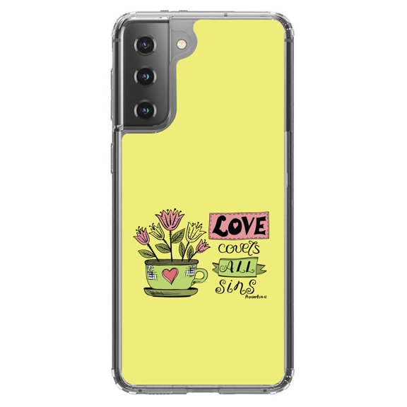 DistinctInk Clear Shockproof Hybrid Case for Galaxy S21  PLUS 5G (6.7" Screen) - TPU Bumper, Acrylic Back, Tempered Glass Screen Protector - Proverbs 10:12 - Love Covers All Sins
