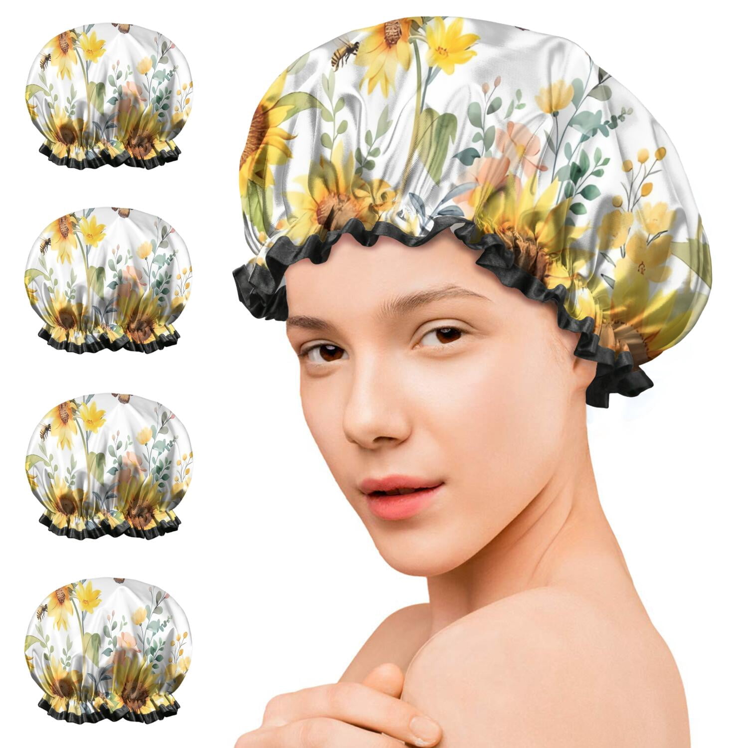 Shower Caps,White Butterfly Bee Sunflower Pattern Waterproof Shower Cap for Women 4 Pieces,Double Reusable Hair Cover for Shower PEVA Elastic Stretch Hem