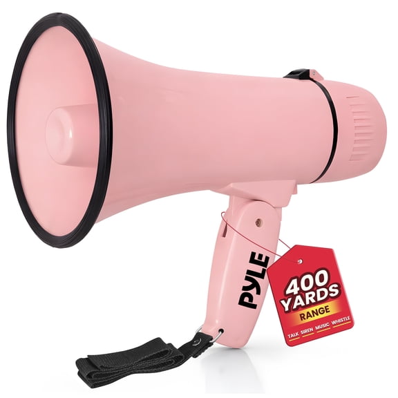 Lightweight and Portable Bullhorn Megaphone, Aux (3.5mm) Input for MP3/Music, Automatic Siren, 20-Watt, MIC/TALK (Pink)