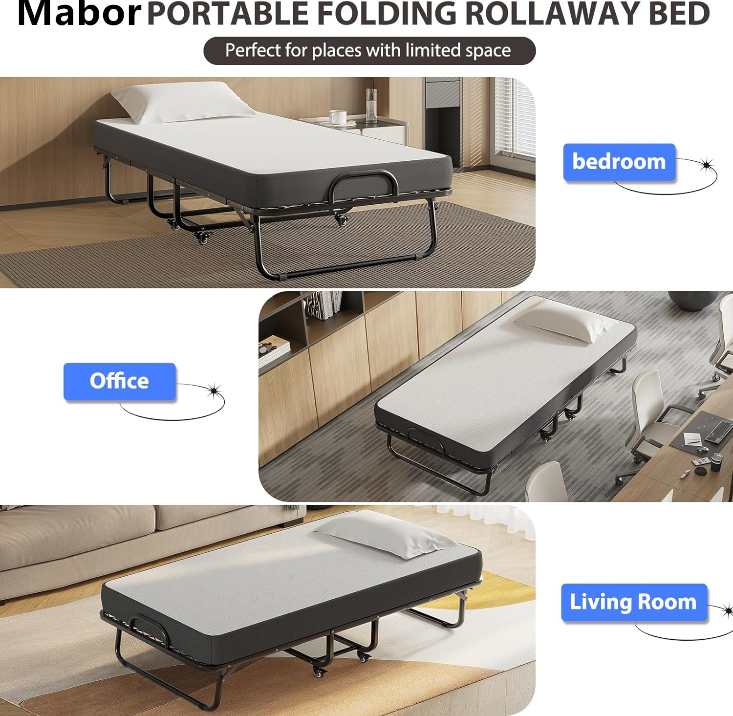 Metal Folding Bed with 5 Inch Mattress Twin Size Portable Guest Beds with Memory Foam Mattress&Wheels,Easy Storage and Move