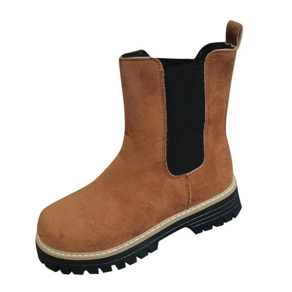 Wdhugt Women'S Ankle Boots Chelsea Style Round Toe Flock Upper 1.57 Inch Heel Fall Winter Shoes Eu43 Us9.5 Brown
