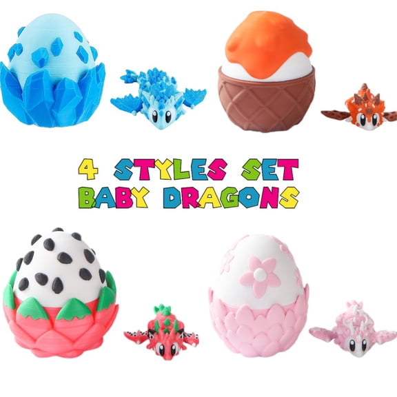 SHUWND 4 Style 3D Printed Fly Dragon with Egg(Sakura,Glacier,Pitaya,Ice Cream), Flexible Realistic Articulated Animal Fidget Toys Set