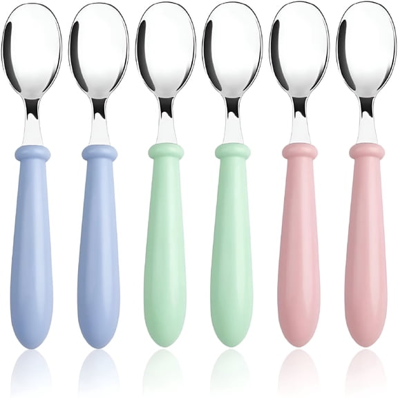BPPEG 6 Pieces Toddler Spoons, Baby Spoons for Self-Feeding, Stainless Steel Kids Spoons with Round Handle Metal Toddler Utensils Children's Silverware Set, BPA Free, Dishwasher Safe