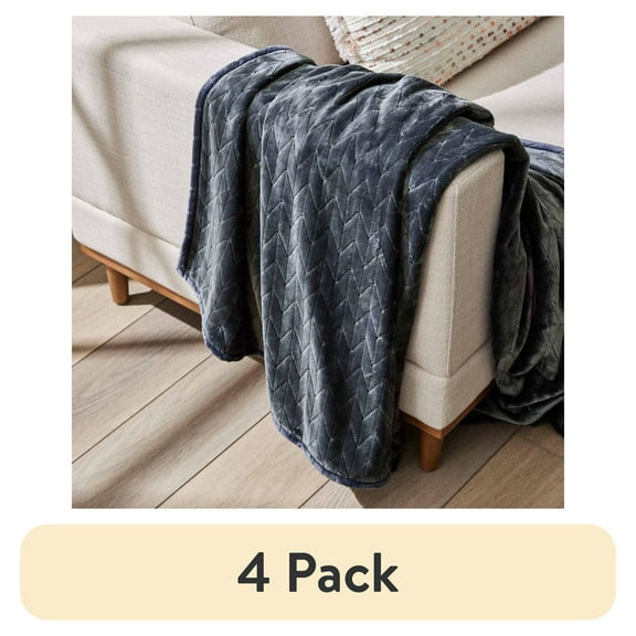 (4 pack) Better Homes & Gardens Textured Velvet Plush Soft Fleece Throw Blanket, Oversized, Greystone