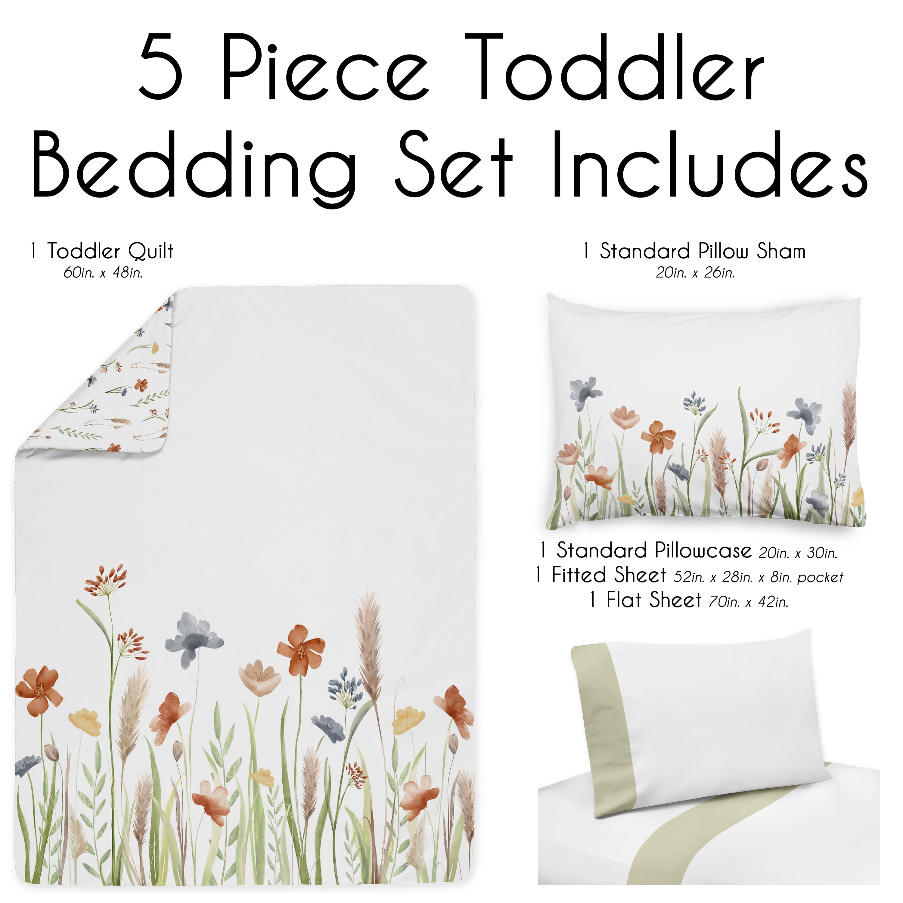 Sweet Jojo Designs Watercolor Floral Garden Sage Green Girl Toddler Bed Comforter Bedding Set 5 Piece
