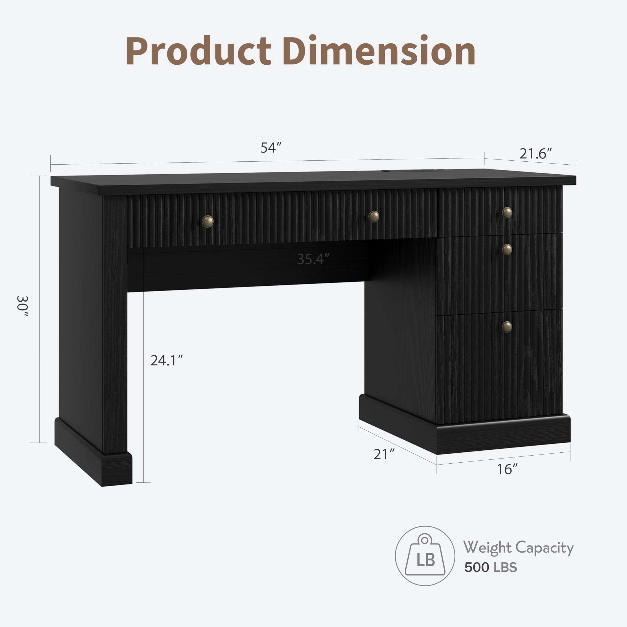 54" W Modern Executive Office Desk with Charging Station & File Drawers, Wooden Computer Desk with Fluted Details, Home Office Storage Desk for Study & Bedroom-Black
