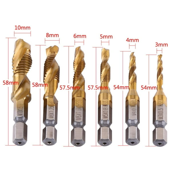 Brocas y machuelos HSS, 6 piezas de rosca métrica M3-M10 Brocas HSS recubiertas de titanio y brocas, vástago hexagonal de 1/4 ", taladro y machuelo de acero de alta velocidad con función de perforació Unbranded GS00791