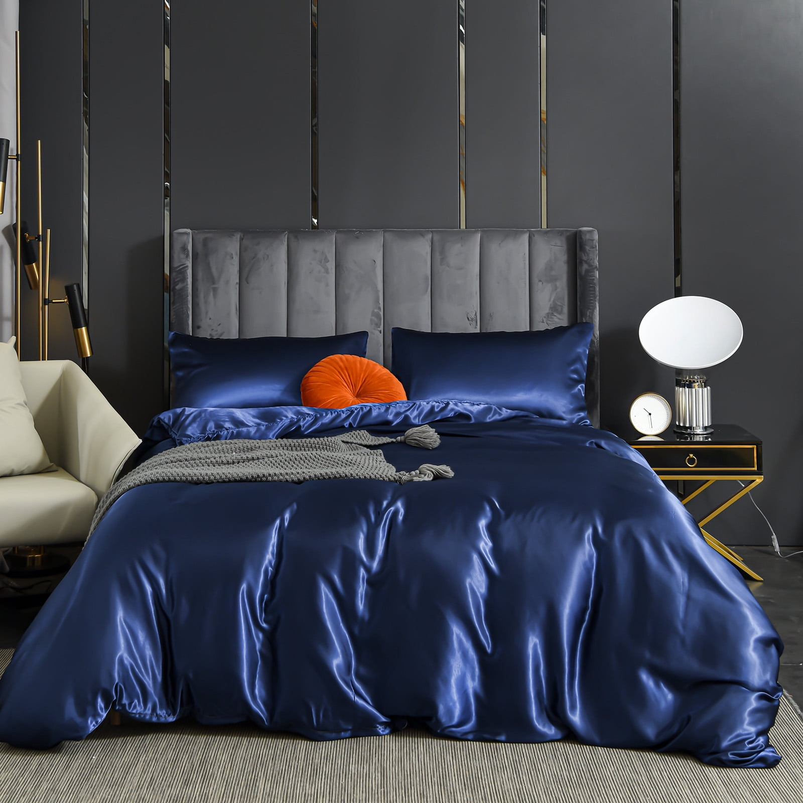 Buy Move Over Navy Blue Satin Duvet Cover Set Queen Silk Like Satin Bedding Sets Solid Pattern No Filling Online in India. 251803021