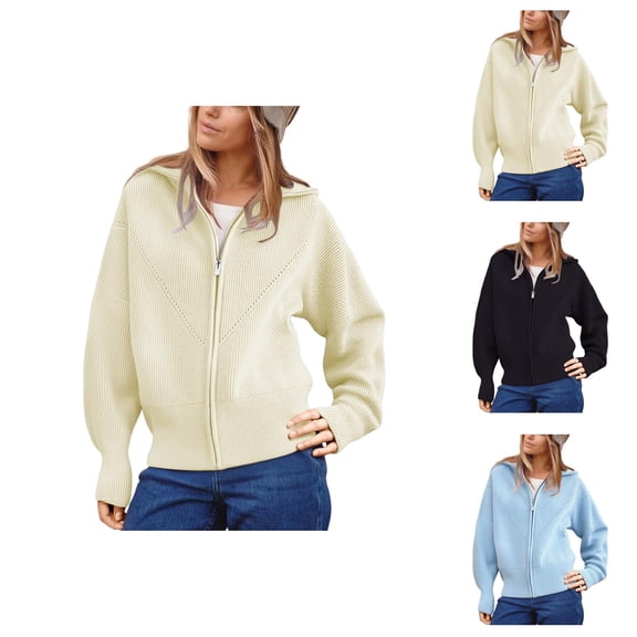 Women's Zip Up Cardigan Soft Knit Sweater Coat With Navy Collar Casual Long Sleeve Outerwear Comfortable Loose Fit Fall Winter Tops Cardigan Sweaters for Women