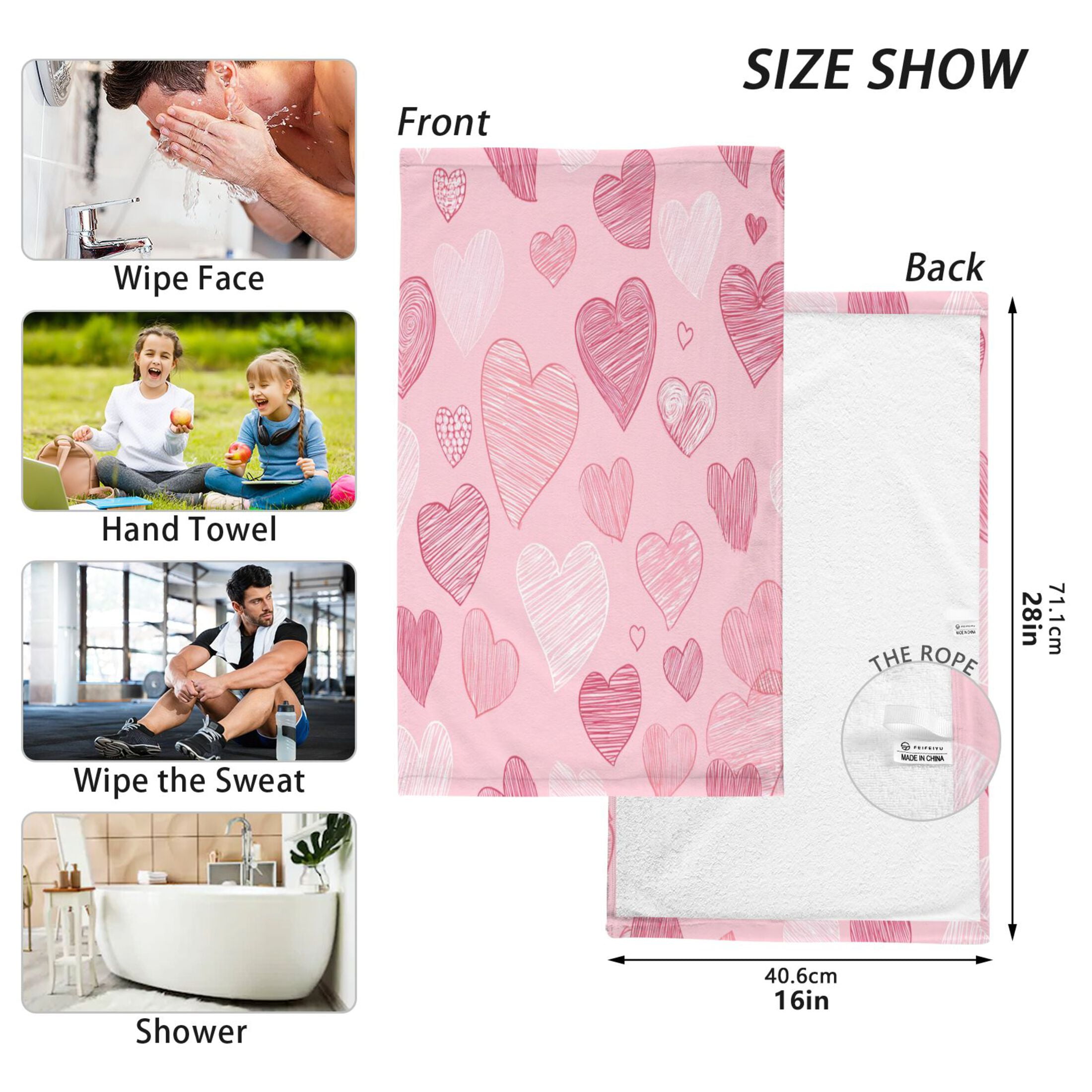 2 Pieces of Cotton Towel Face Towel Set Hand Towel Bath Towel Cotton Bath Towel Sets Valentine's Day Pink Heart