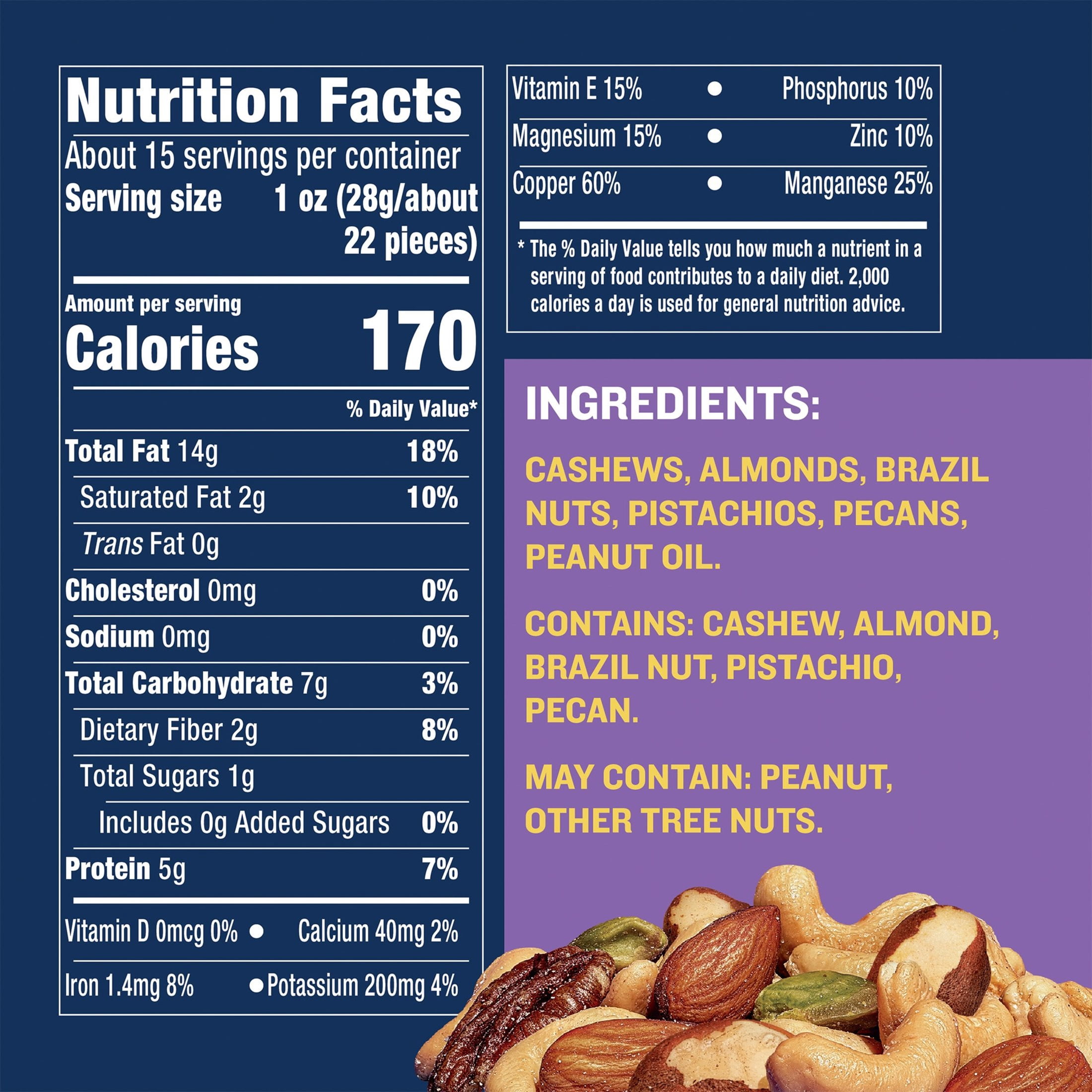 (6 pack) PLANTERS Deluxe Unsalted Mixed Nuts, 5g (7% DV) Plant-Based Protein, 15.25 oz Can