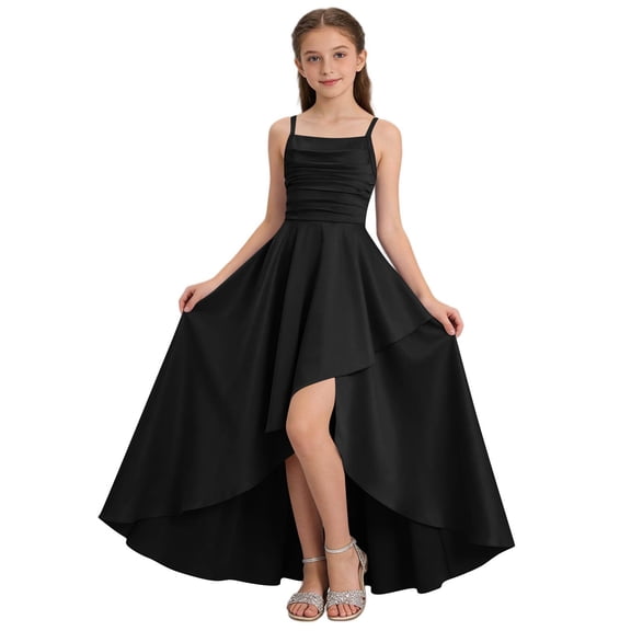 Iyufng Formal Dresses for Girls Solid Color Spaghetti Strap Evening Gown Children's Asymmetrical Hem Maxi Dress