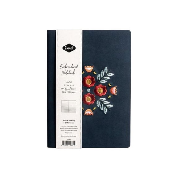 Denik Evelynn Embroidered Layflat Journal Notebook, 5.75" x 8.25", 144 pages