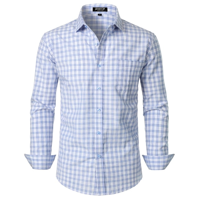 Camisa JEMITOP para hombre, manga larga, corte ajustado, a cuadros, blanco y azul S