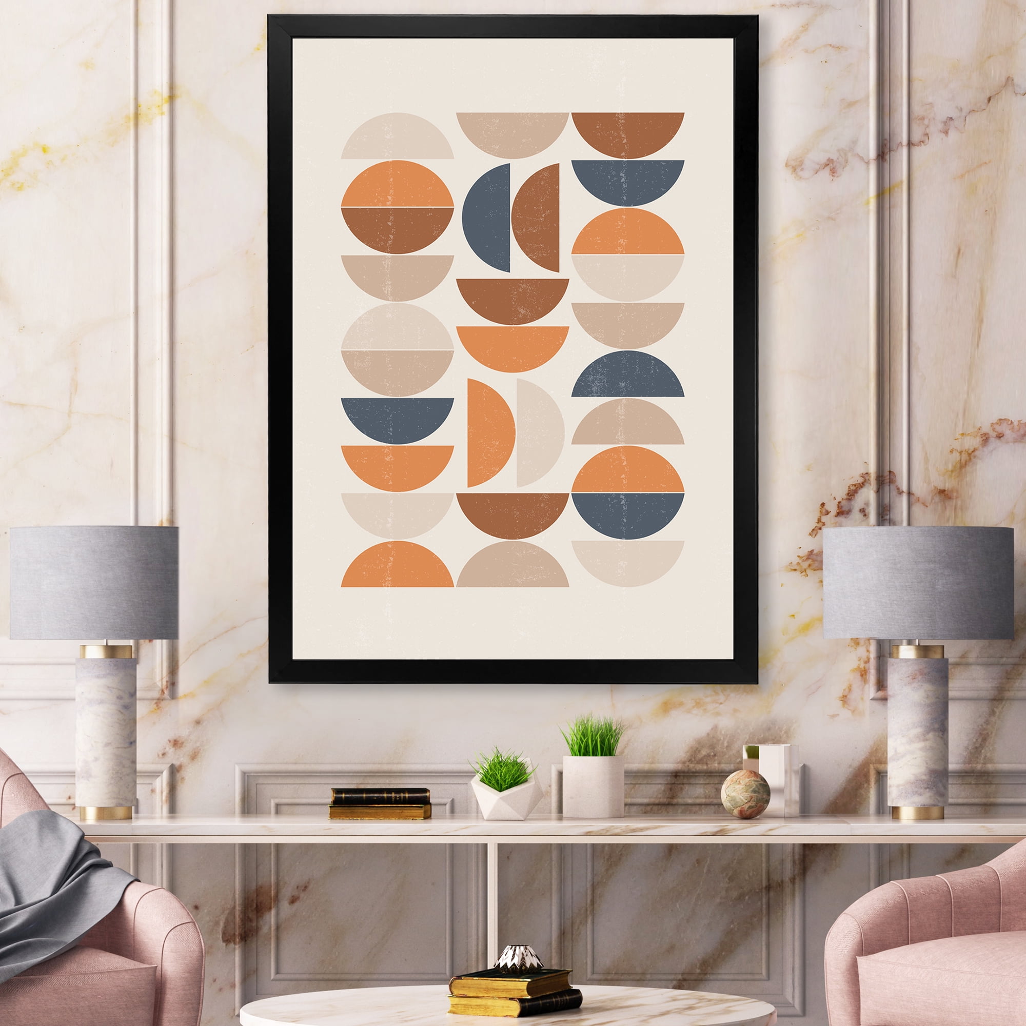 Designart 'Abstract Moon and Sun In Orange and Blue' Modern Framed Art Print