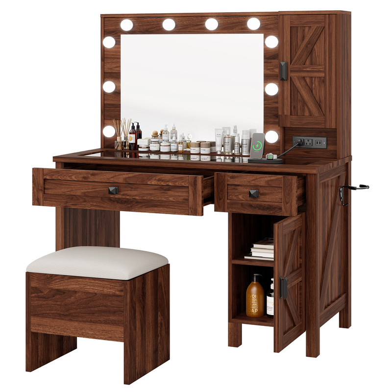 Uforic 42" Farmhouse Makeup Vanity Set with Lighted Mirror & Drawers, ,Vanity Desk with Charging Station & Glass Top, Brown