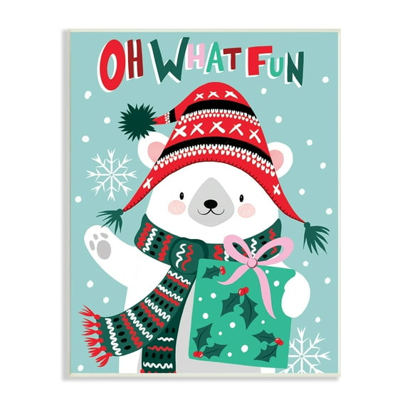 Oh What Fun Winter Polar Bear Falling Snowflakes Inspirational Graphic Art Unframed Art Print Wall Art