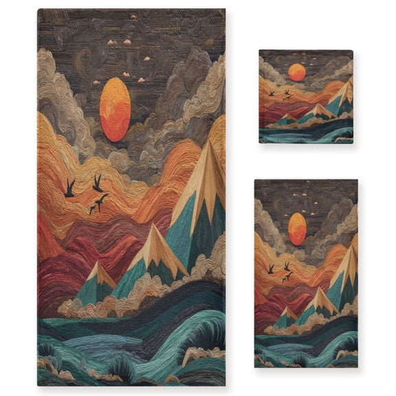 3 Piece Bath Towels Set Bath Towel, Hand Towel and Face Towel for Bathroom, Gym, Hotel Colorful Clouds and Mountains