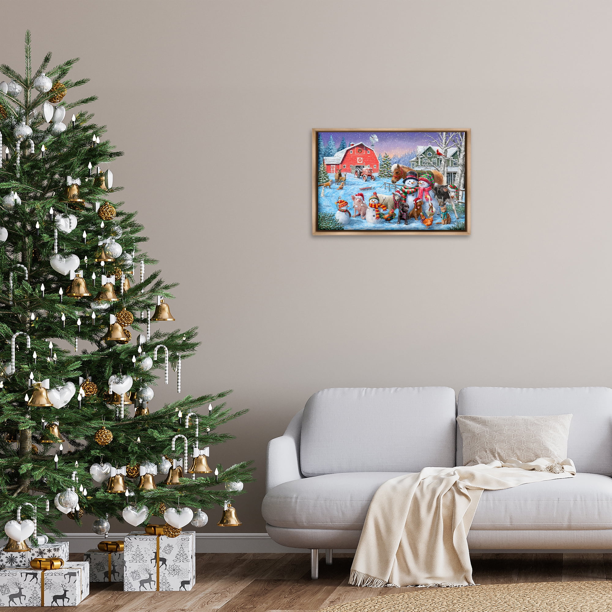 Stupell Industries Snowman & Dogs Family Holiday Painting Brown Floater Framed Canvas Art Prints Wall Art, 25 x 17