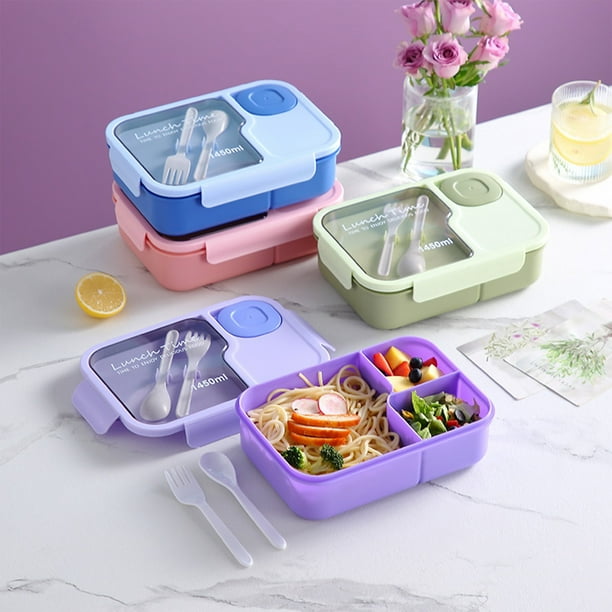 Fiambrera Bento Impermeable de 3 Compartimentos 1450 ml con cuchara y tenedor • Recipiente de plástico para preparar comidas para microondas • Morado, Rosa, Azul, Verde