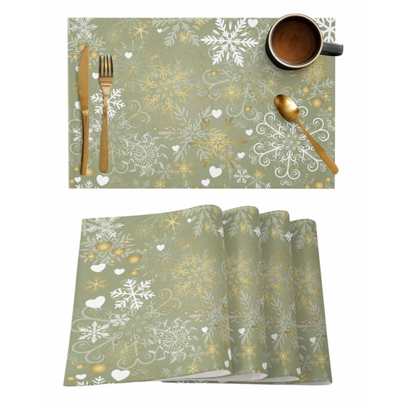 Placemats Set of 8, Christmas Green Woven Placemat, Linen Place Mats for Kitchen/Dining Tables, Xmas Winter Snowflakes New Year Holiday Washable Table Mats for Party